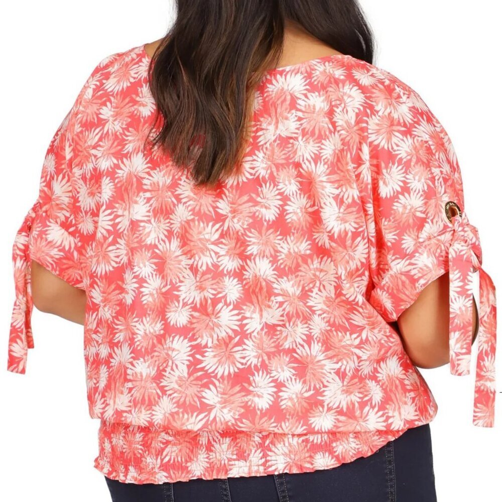 MICHAEL Michael Kors Size XL Coral White Palm Pattern Kimono Sleeve Blouse - Picture 3 of 15